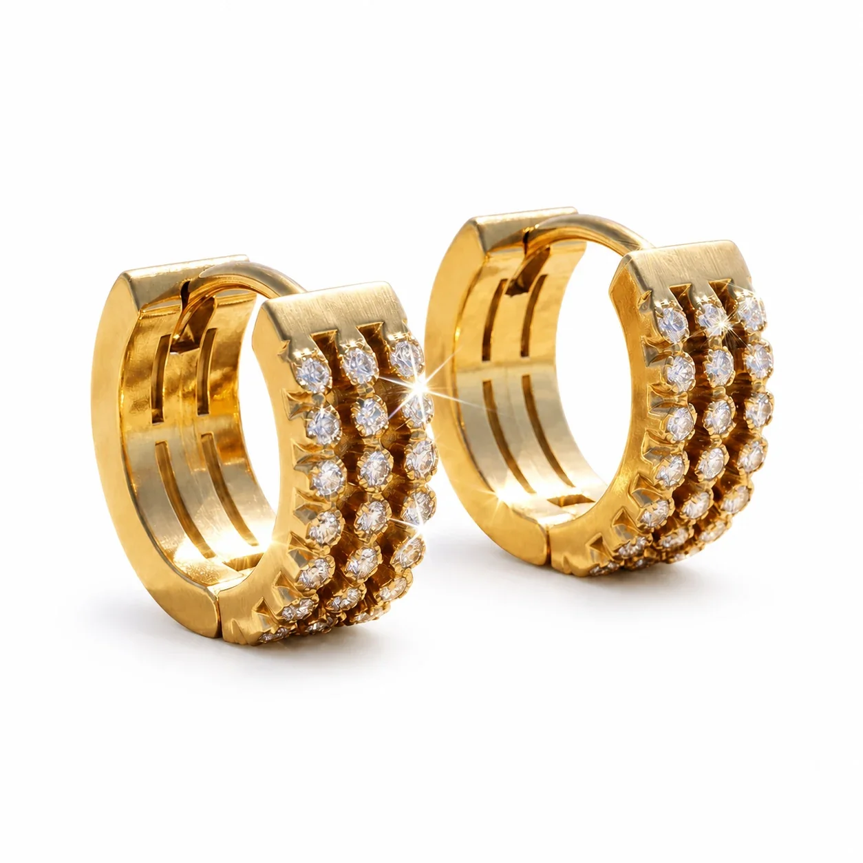 Radiant 18K Gold PVD 316L Stainless Steel Triple CZ Huggie Earrings