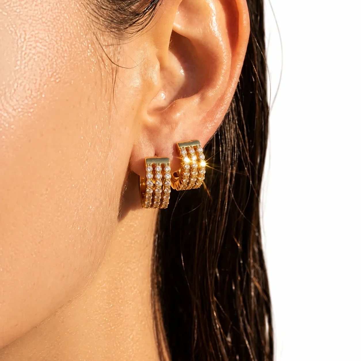 Radiant 18K Gold-Plated 316L Triple CZ Huggie Earrings