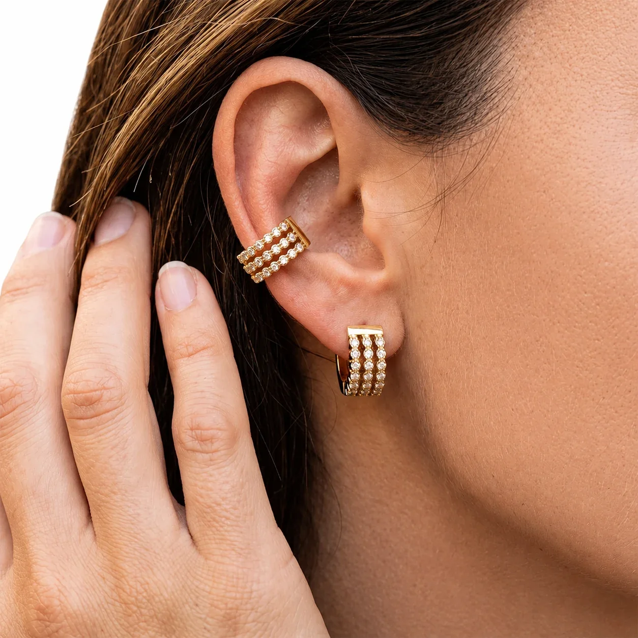 Radiant 18K Gold-Plated 316L Triple CZ Huggie Earrings
