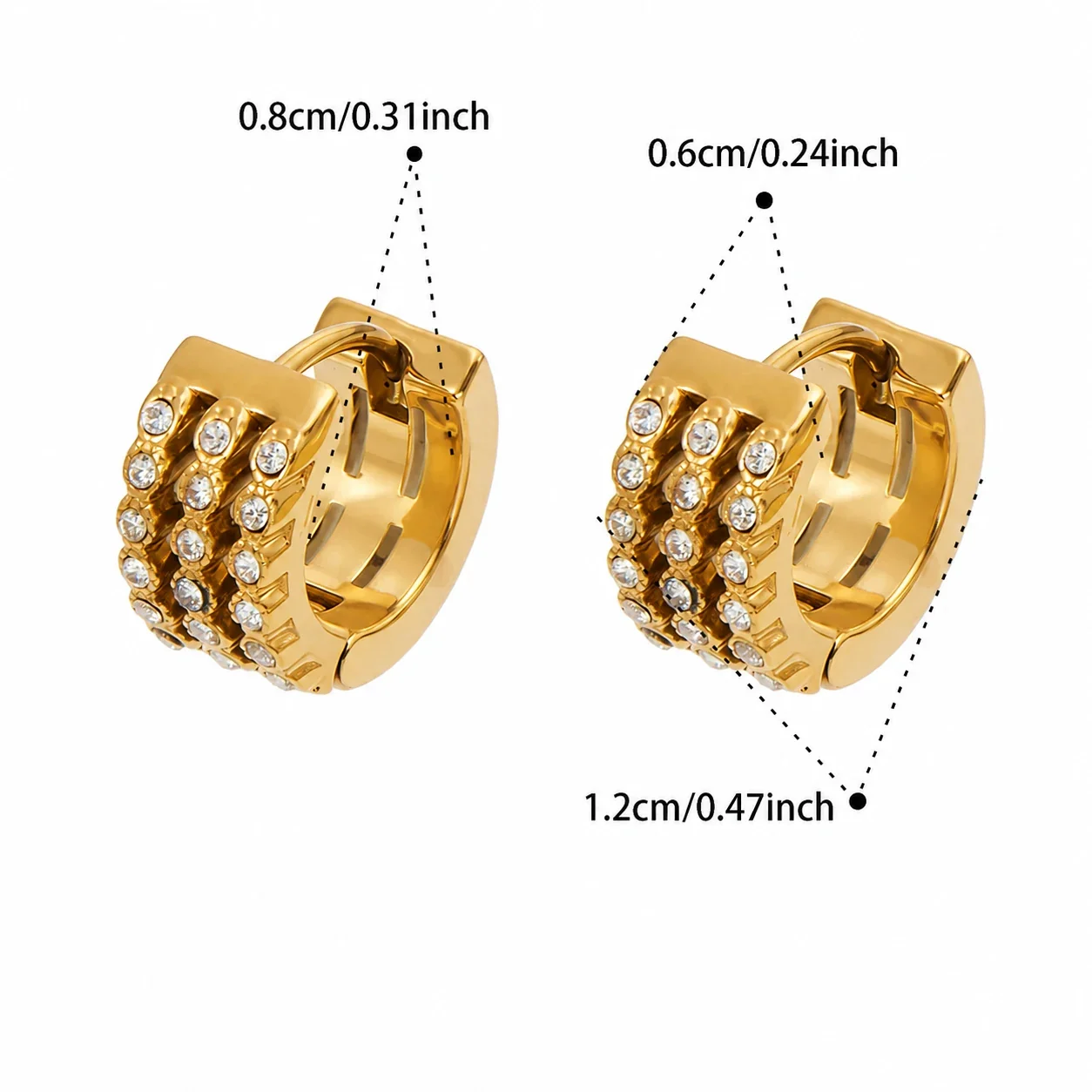 Radiant 18K Gold-Plated 316L Triple CZ Huggie Earrings - Gold 9 mm