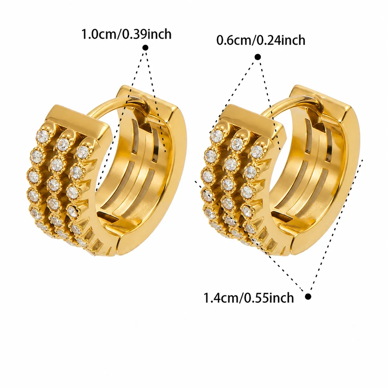 Radiant 18K Gold-Plated 316L Triple CZ Huggie Earrings - Gold 11 mm