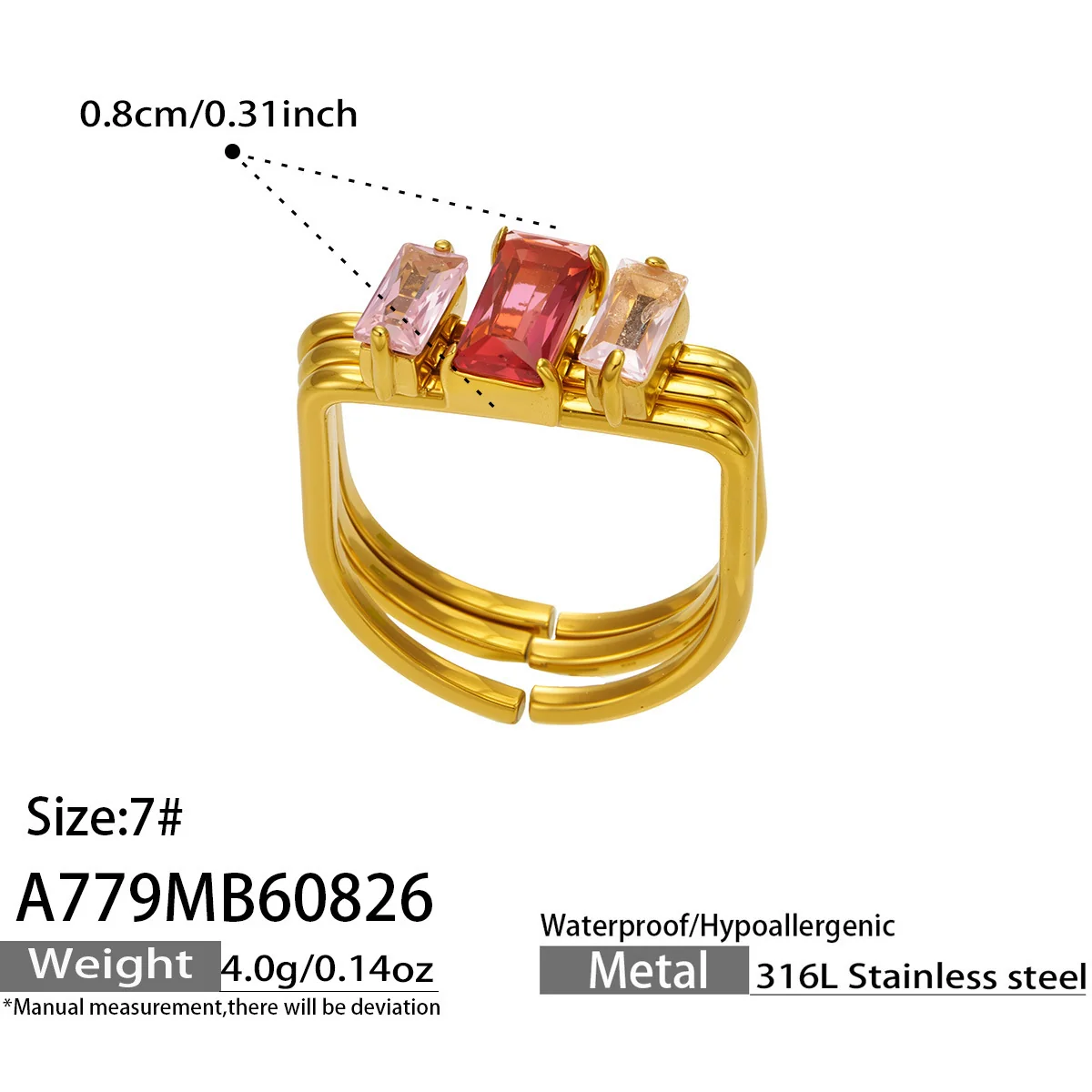 Produktfoto: Ring mit dreifacher Schiene und Baguette-CZ aus vergoldetem 316 Edelstahl