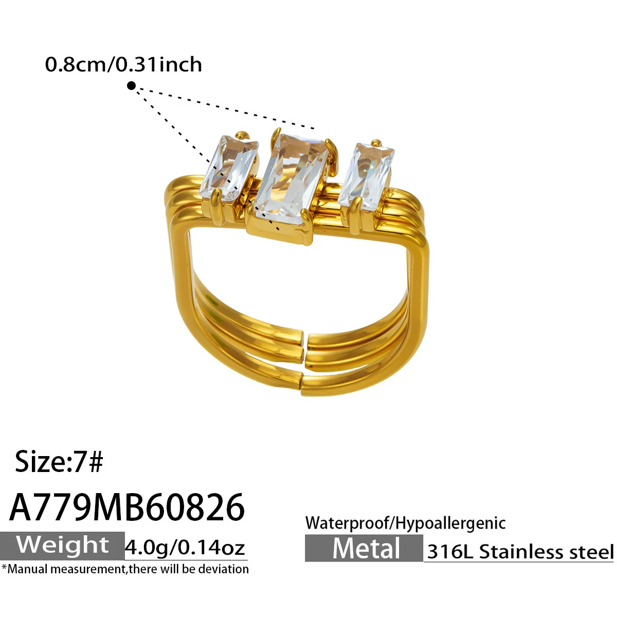 Produktfoto: Ring mit dreifacher Schiene und Baguette-CZ aus vergoldetem 316 Edelstahl