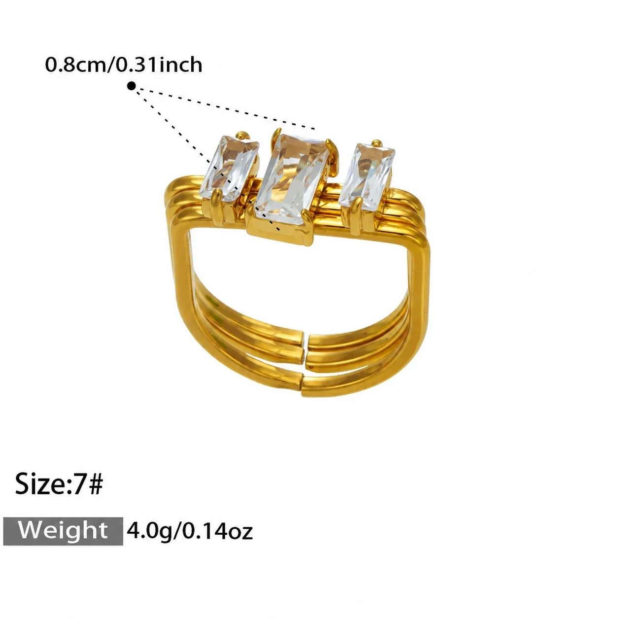Produktfoto: Ring mit dreifacher Schiene und Baguette-CZ aus vergoldetem 316 Edelstahl
