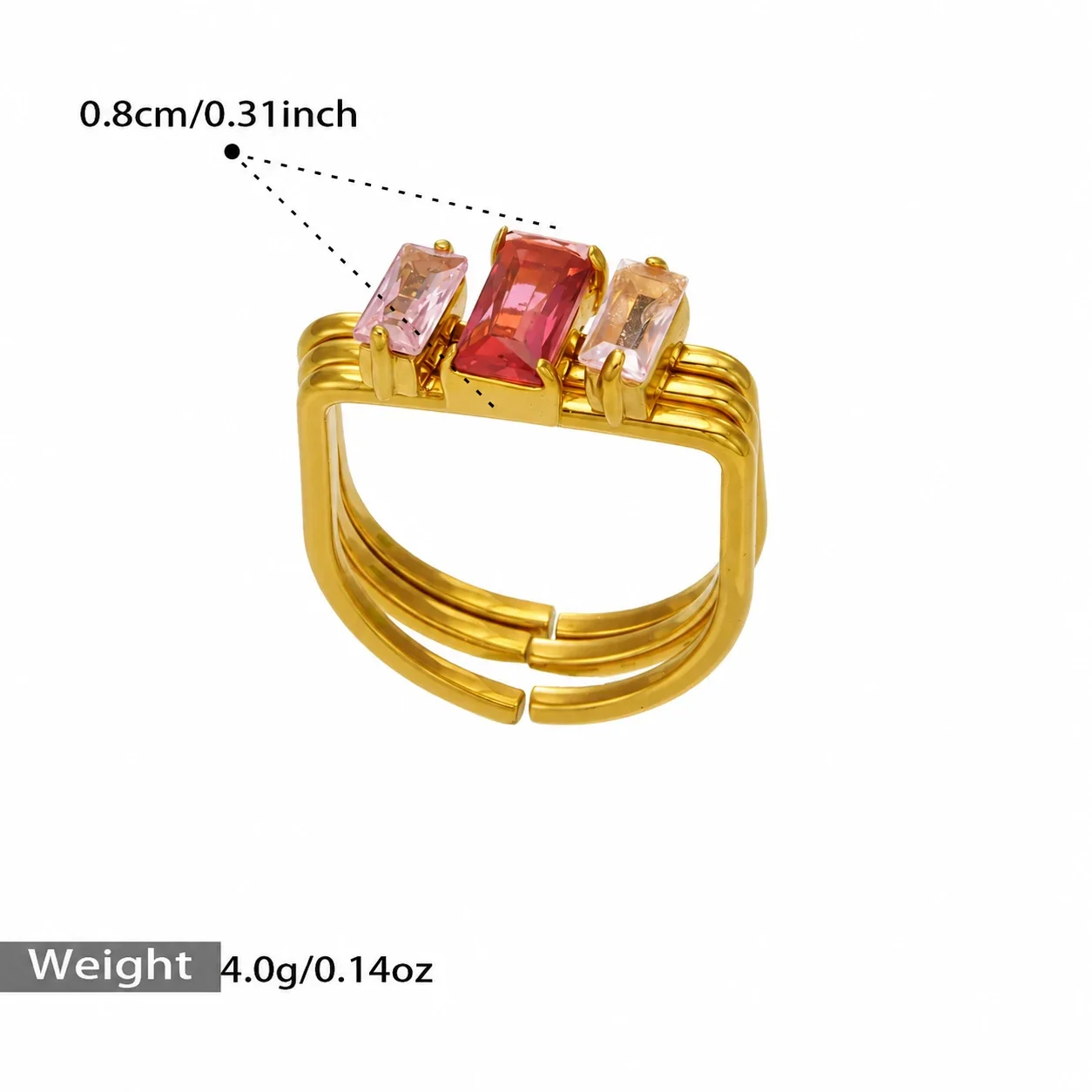 Produktfoto: Ring mit dreifacher Schiene und Baguette-CZ aus vergoldetem 316 Edelstahl