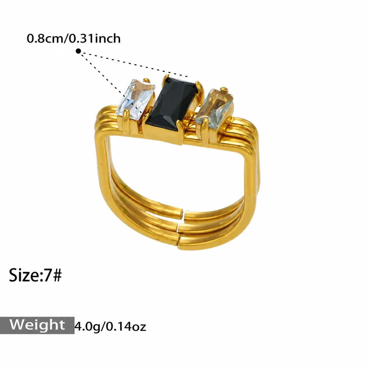 Produktfoto: Ring mit dreifacher Schiene und Baguette-CZ aus vergoldetem 316 Edelstahl