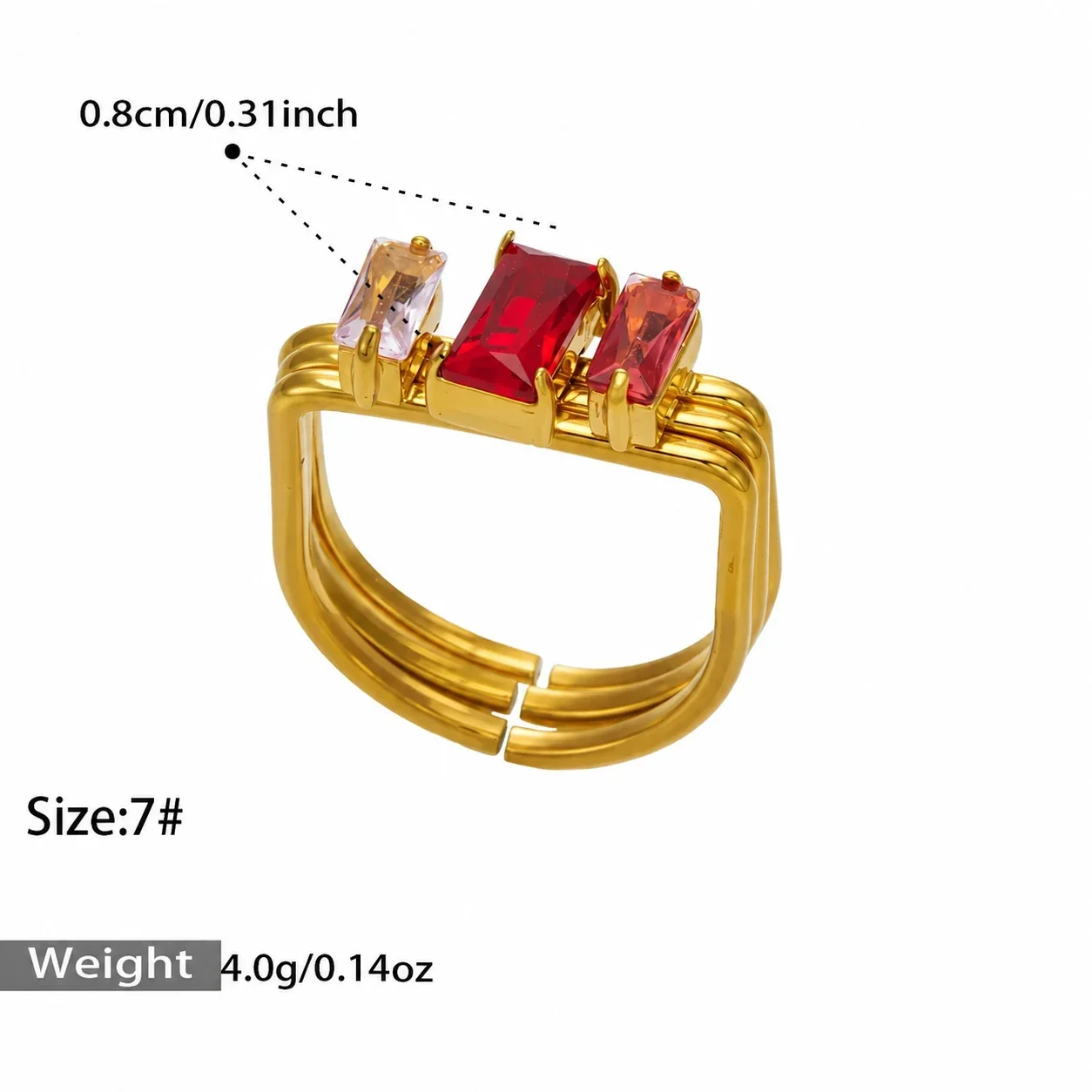 Produktfoto: Ring mit dreifacher Schiene und Baguette-CZ aus vergoldetem 316 Edelstahl