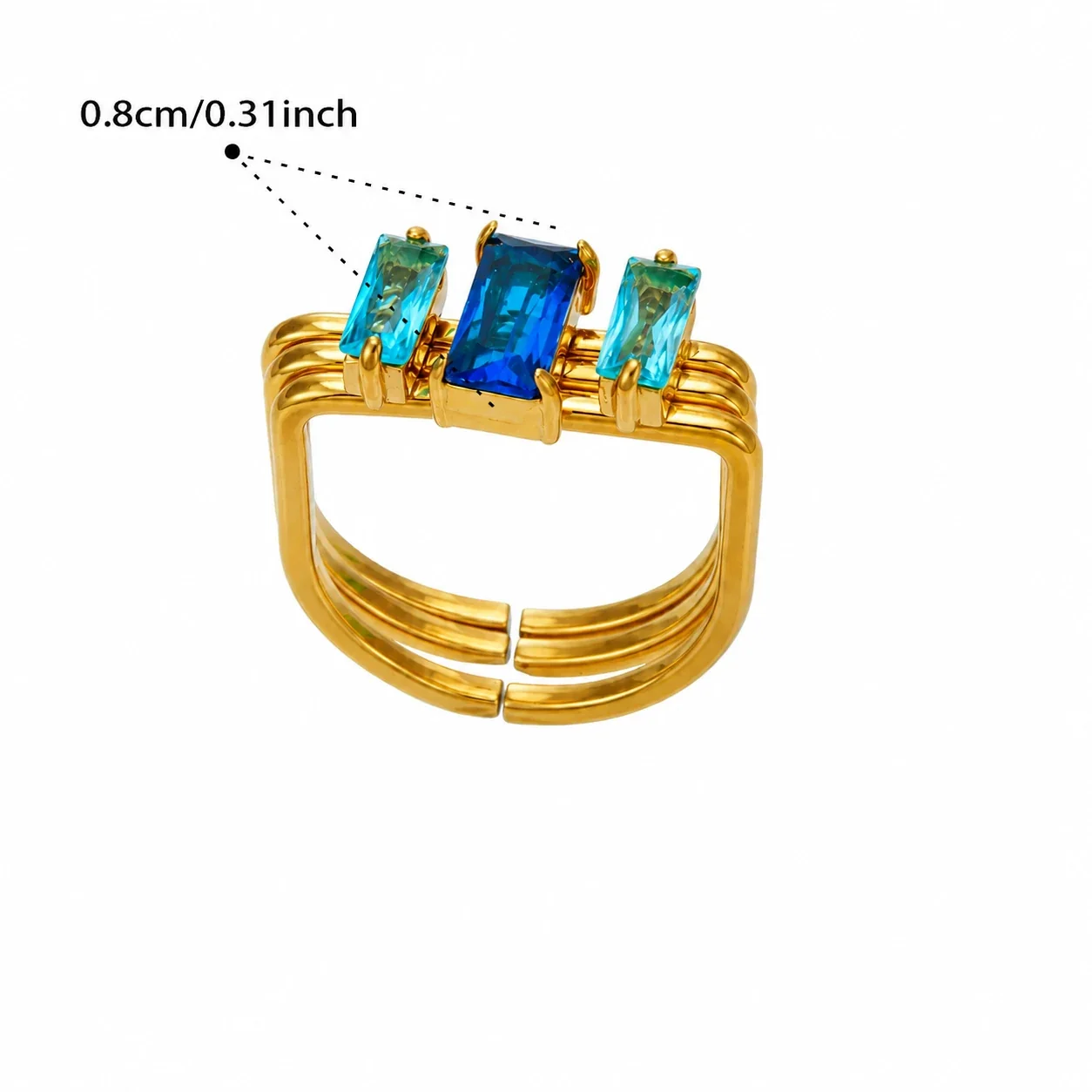Produktfoto: Ring mit dreifacher Schiene und Baguette-CZ aus vergoldetem 316 Edelstahl