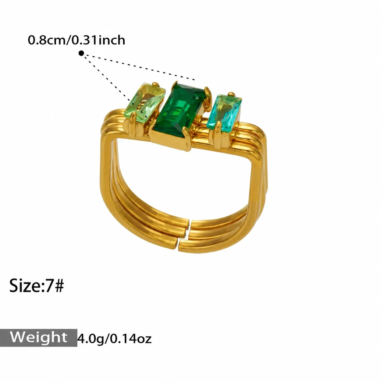 Produktfoto: Ring mit dreifacher Schiene und Baguette-CZ aus vergoldetem 316 Edelstahl