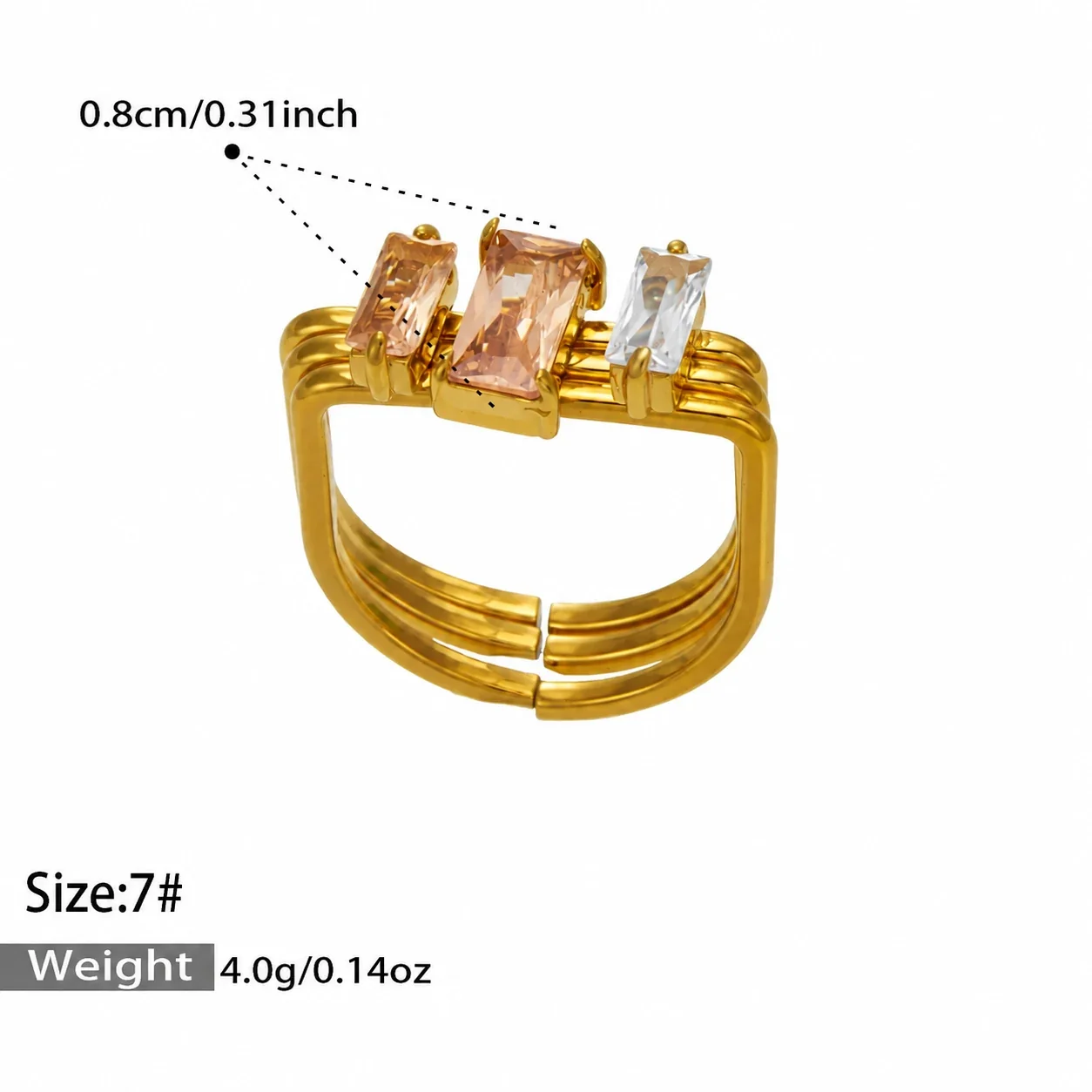 Produktfoto: Ring mit dreifacher Schiene und Baguette-CZ aus vergoldetem 316 Edelstahl