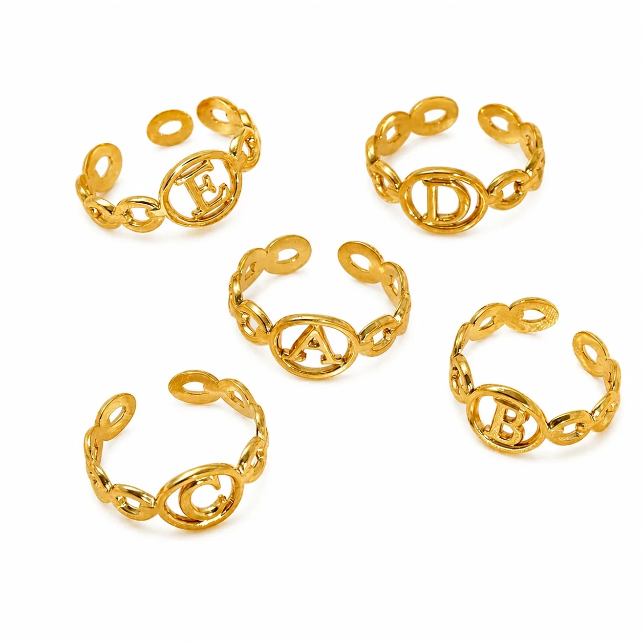 Polished Gold-Plated Oval Initial Link Adjustable Ring
