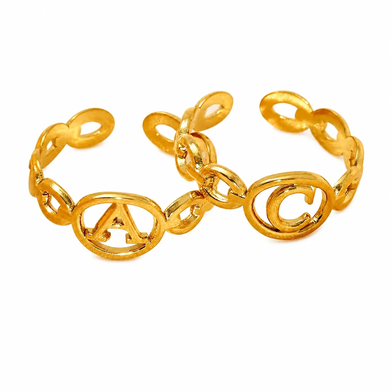 Polished Gold-Plated Oval Initial Link Adjustable Ring