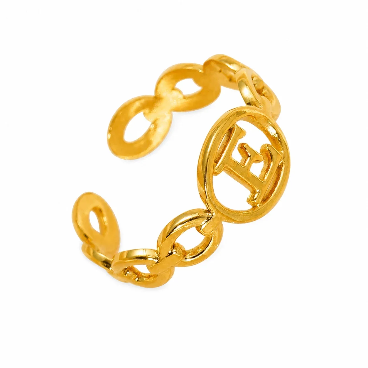 Polished Gold-Plated Oval Initial Link Adjustable Ring