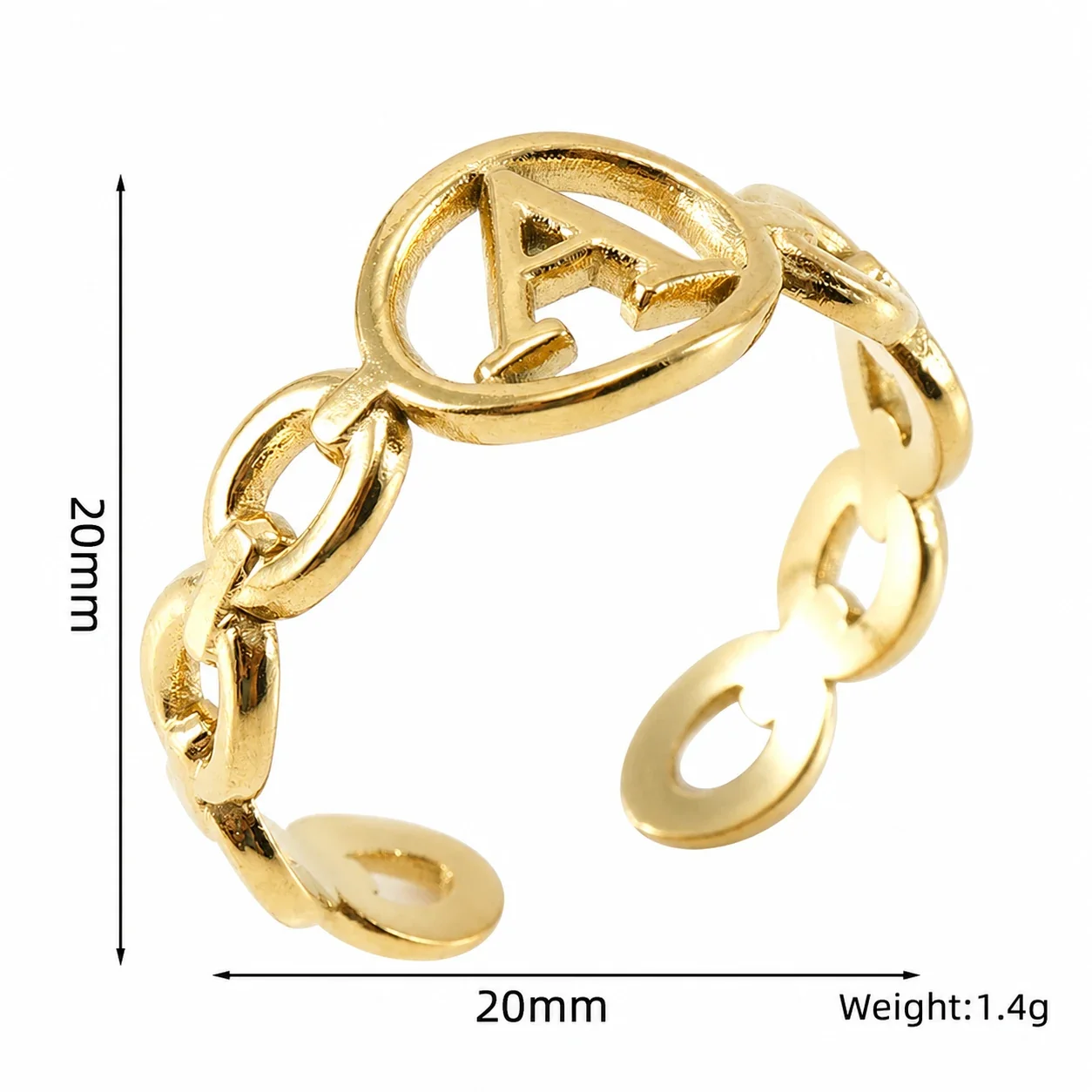 Polished Gold-Plated Oval Initial Link Adjustable Ring - Gold A