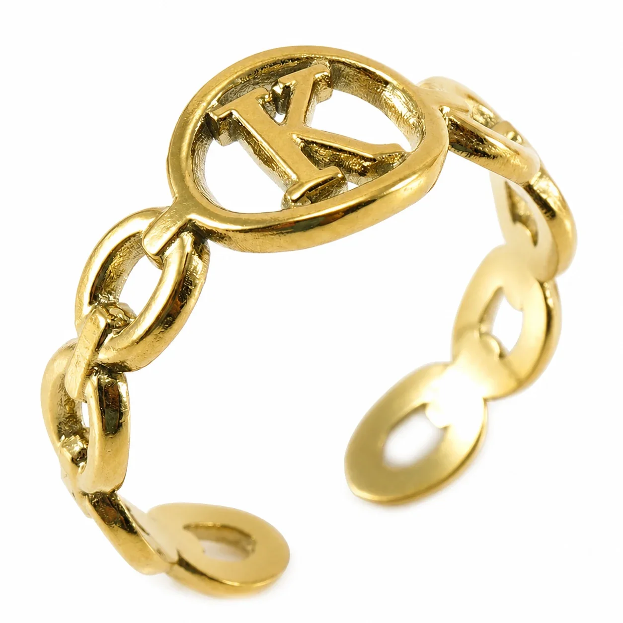 Polished Gold-Plated Oval Initial Link Adjustable Ring - Gold K