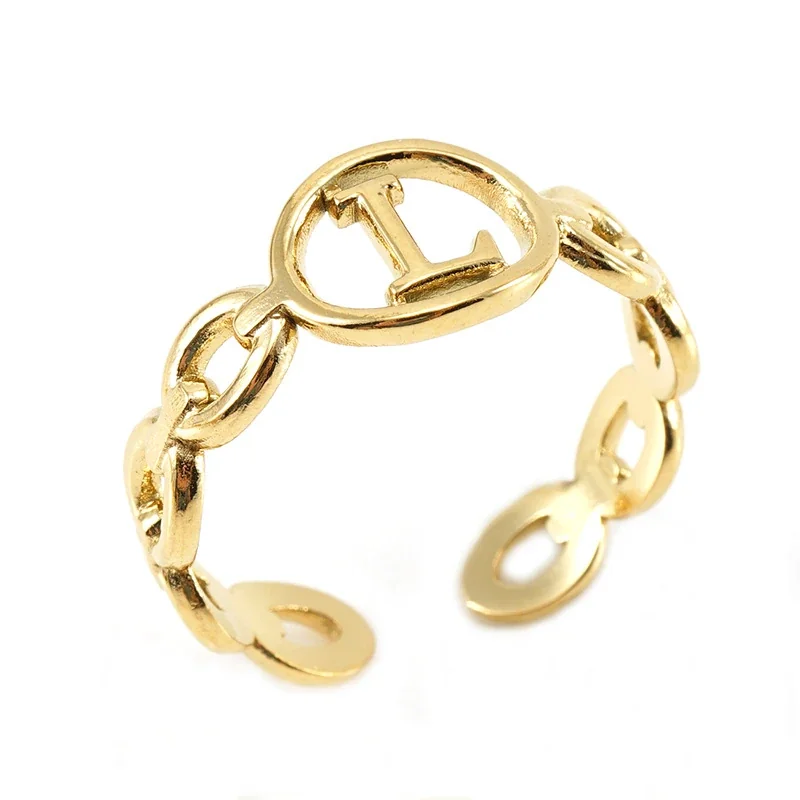 Polished Gold-Plated Oval Initial Link Adjustable Ring - Gold L