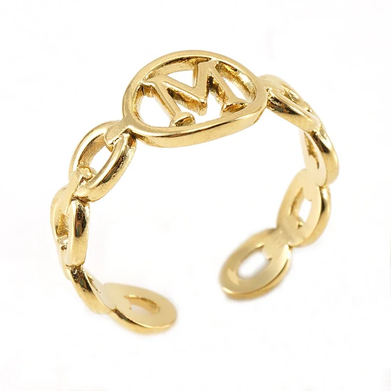 Polished Gold-Plated Oval Initial Link Adjustable Ring - Gold M