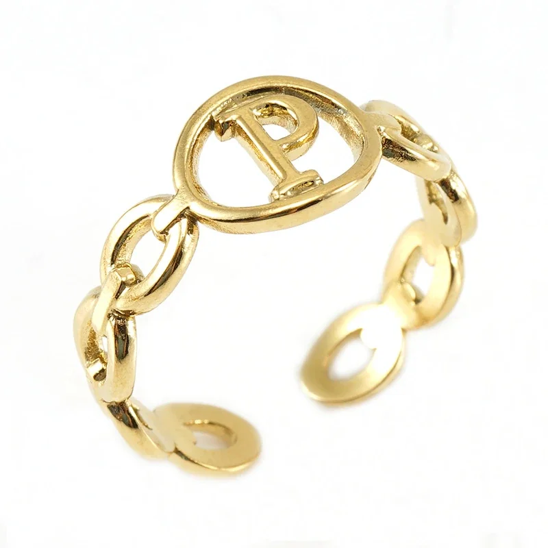 Polished Gold-Plated Oval Initial Link Adjustable Ring - Gold O