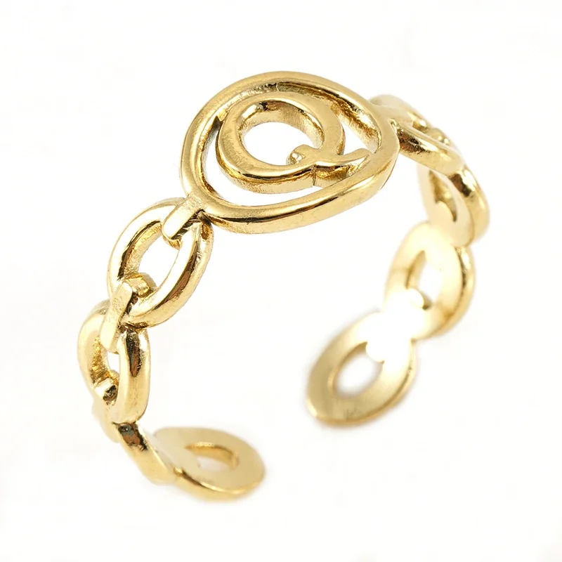 Polished Gold-Plated Oval Initial Link Adjustable Ring - Gold Q