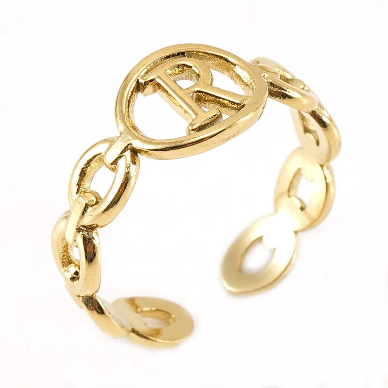 Polished Gold-Plated Oval Initial Link Adjustable Ring - Gold R
