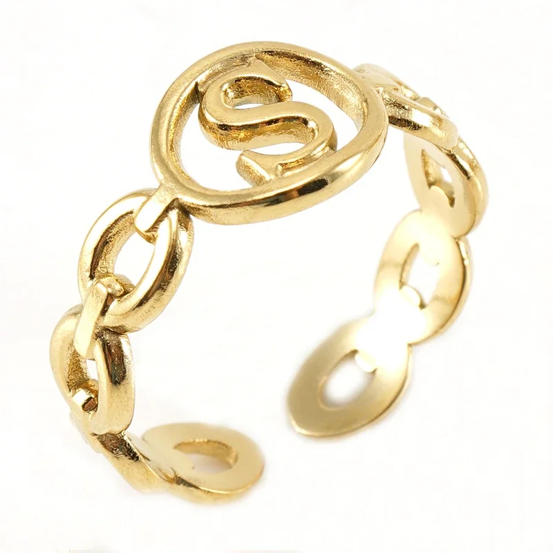 Polished Gold-Plated Oval Initial Link Adjustable Ring - Gold S