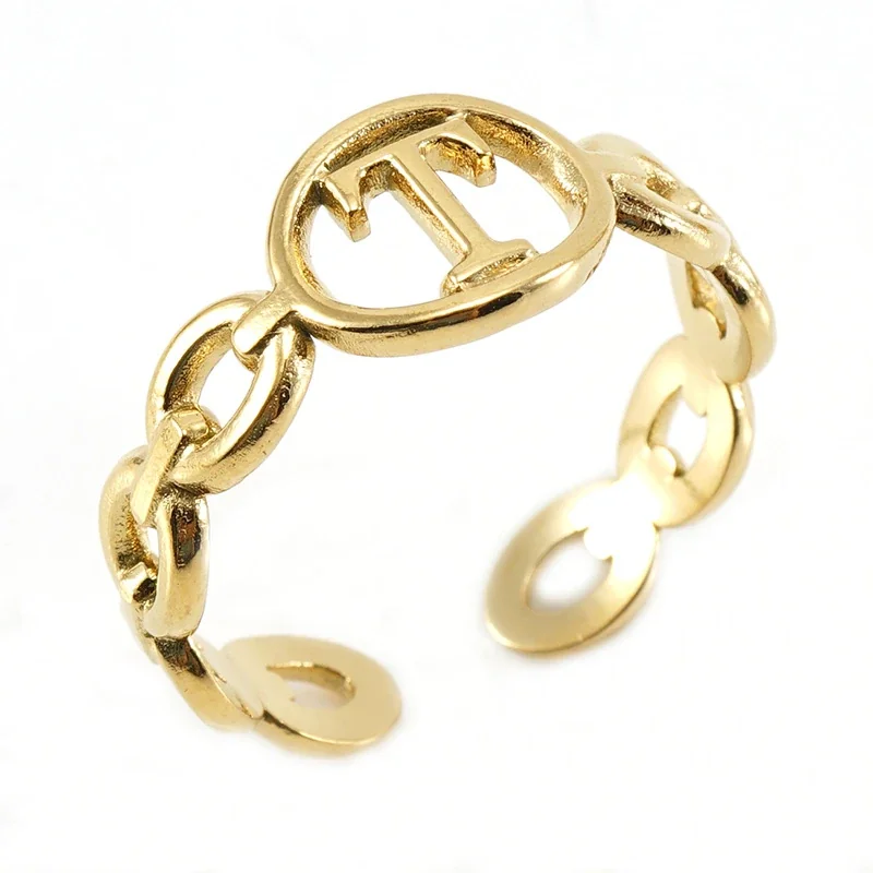 Polished Gold-Plated Oval Initial Link Adjustable Ring - Gold T