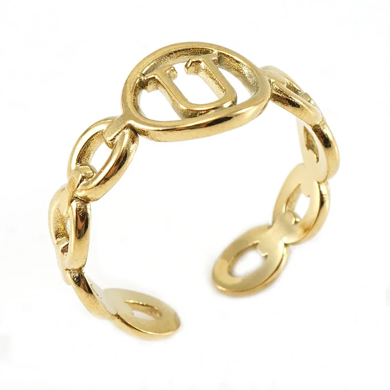 Polished Gold-Plated Oval Initial Link Adjustable Ring - Gold U