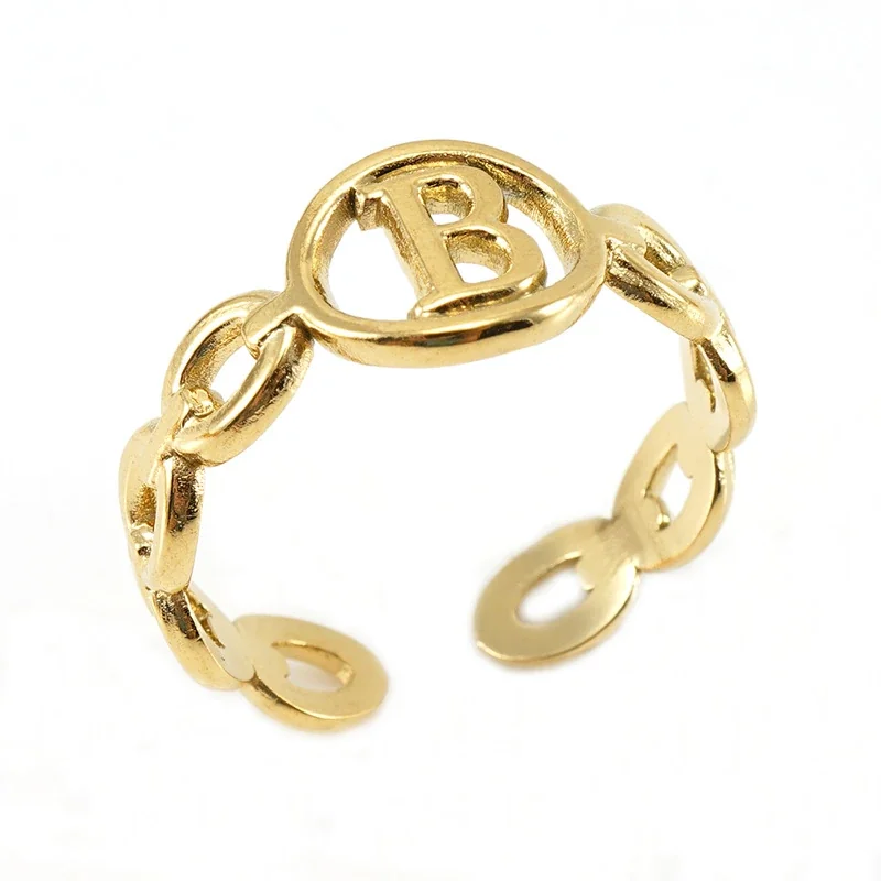 Polished Gold-Plated Oval Initial Link Adjustable Ring - Gold B