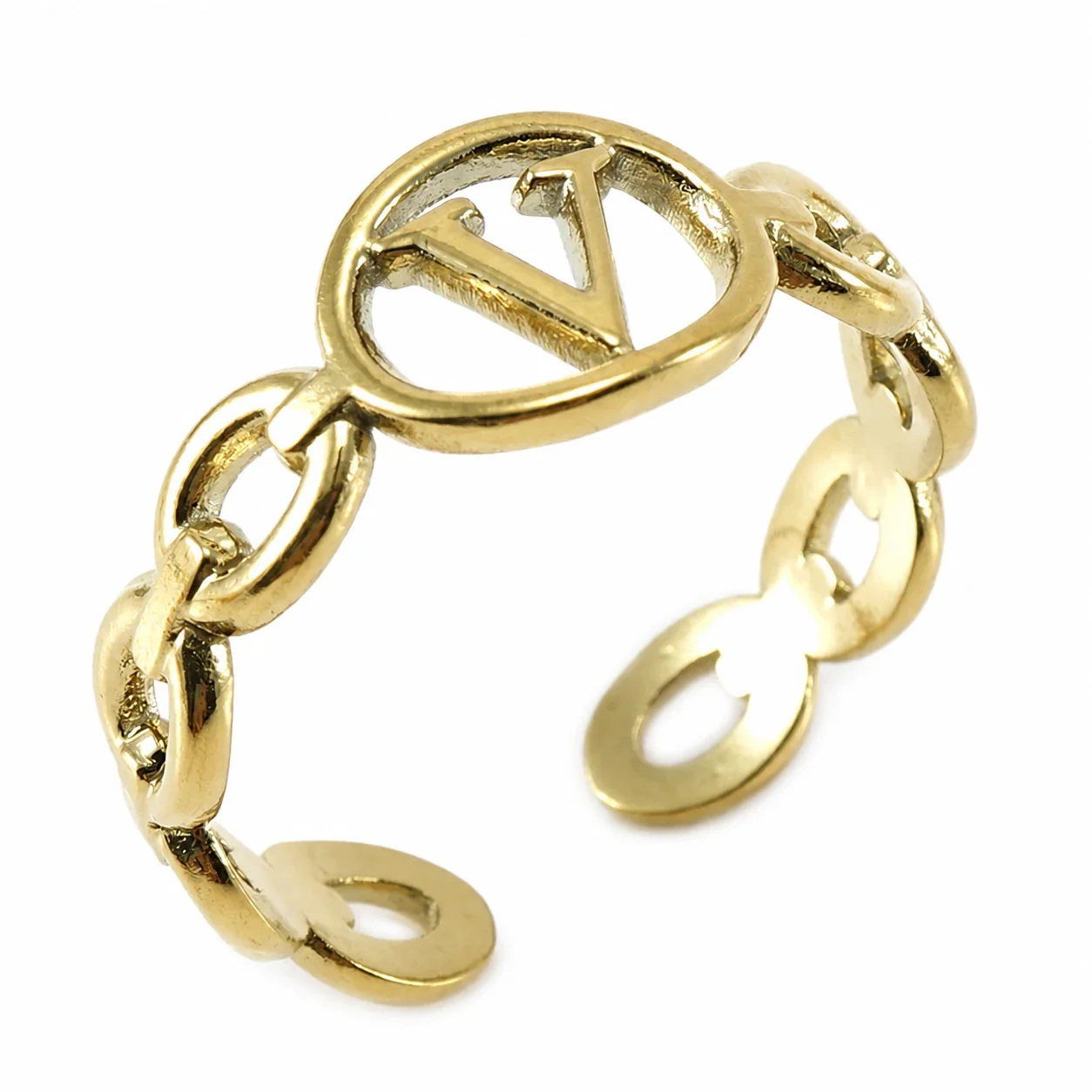 Polished Gold-Plated Oval Initial Link Adjustable Ring - Gold V