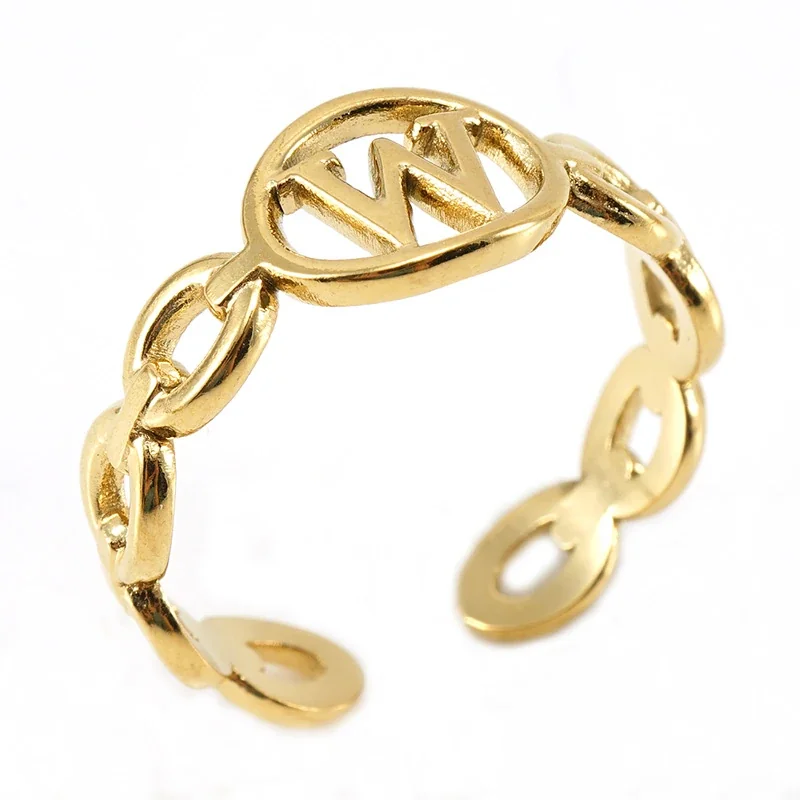 Polished Gold-Plated Oval Initial Link Adjustable Ring - Gold W