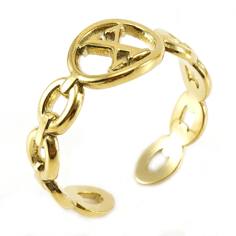 Polished Gold-Plated Oval Initial Link Adjustable Ring - Gold X