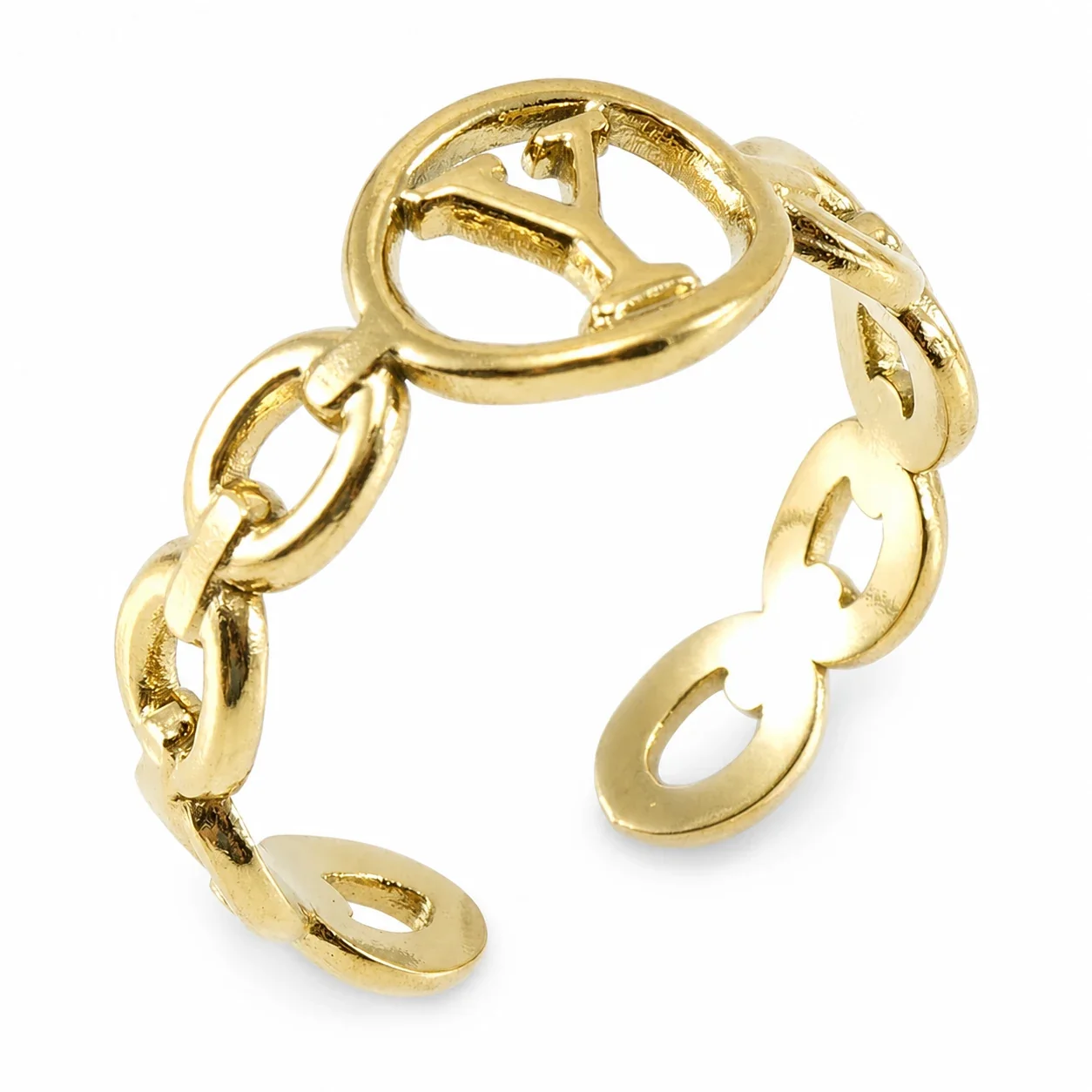 Polished Gold-Plated Oval Initial Link Adjustable Ring - Gold Y