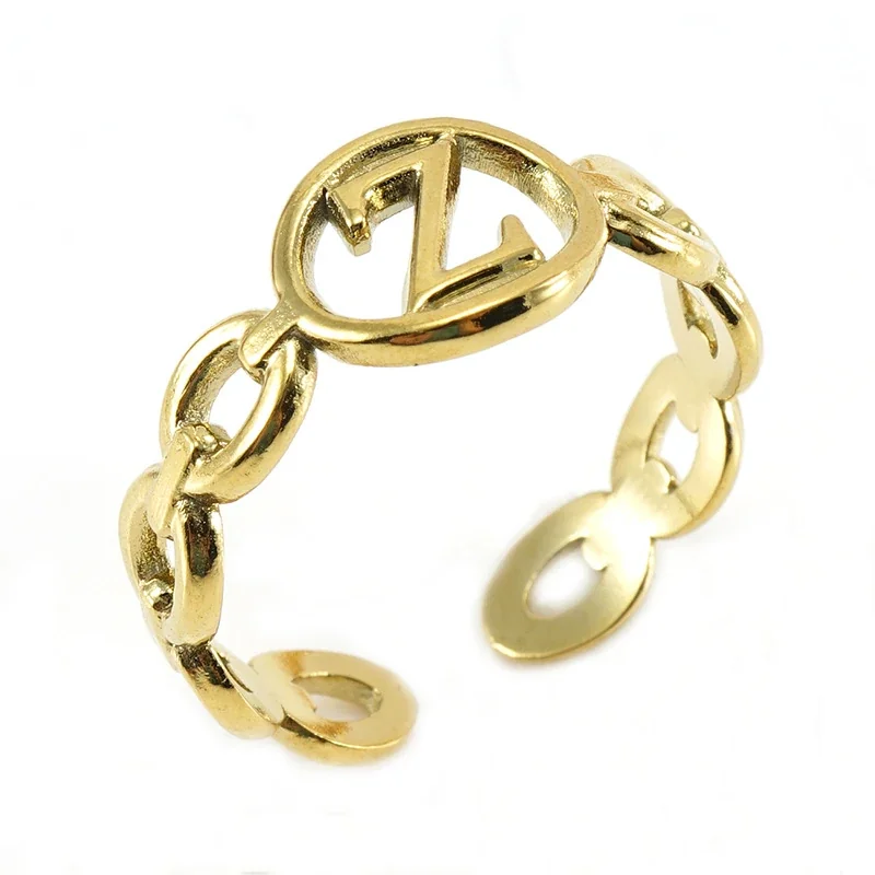 Polished Gold-Plated Oval Initial Link Adjustable Ring - Gold Z