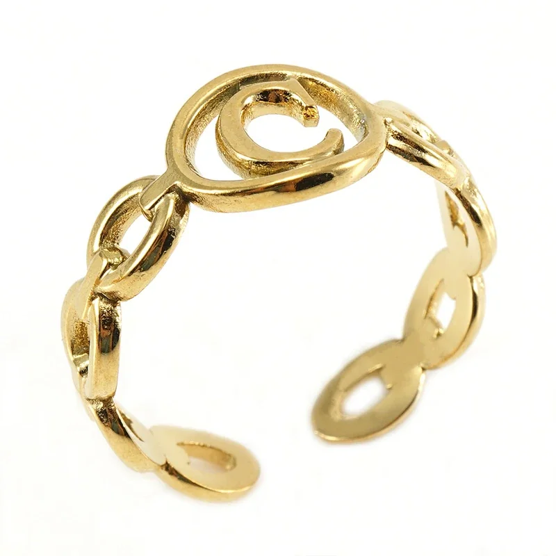 Polished Gold-Plated Oval Initial Link Adjustable Ring - Gold C