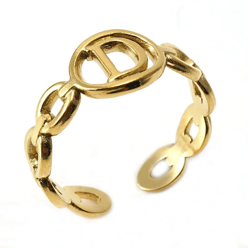 Polished Gold-Plated Oval Initial Link Adjustable Ring - Gold D