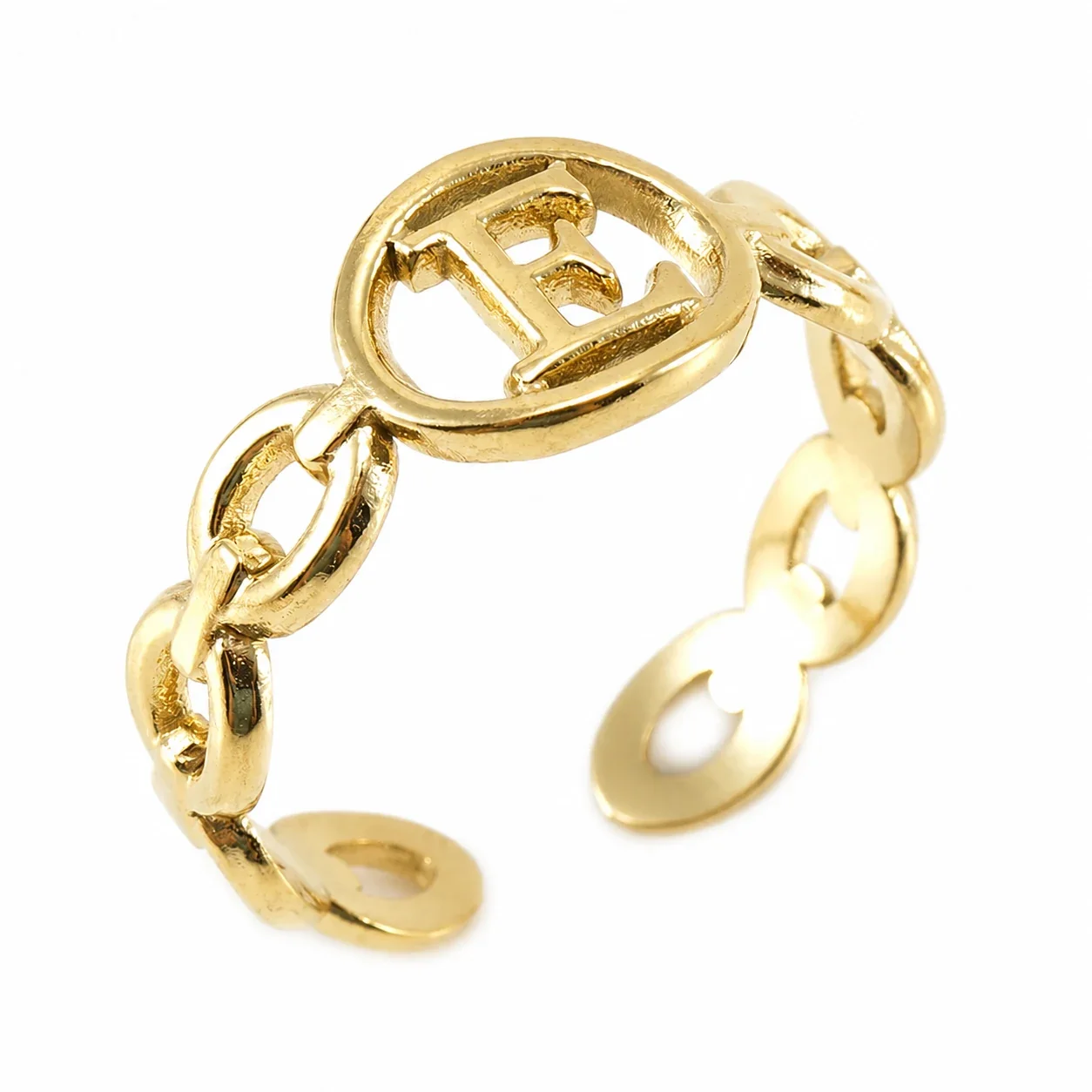 Polished Gold-Plated Oval Initial Link Adjustable Ring - Gold E