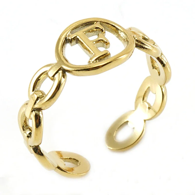 Polished Gold-Plated Oval Initial Link Adjustable Ring - Gold F