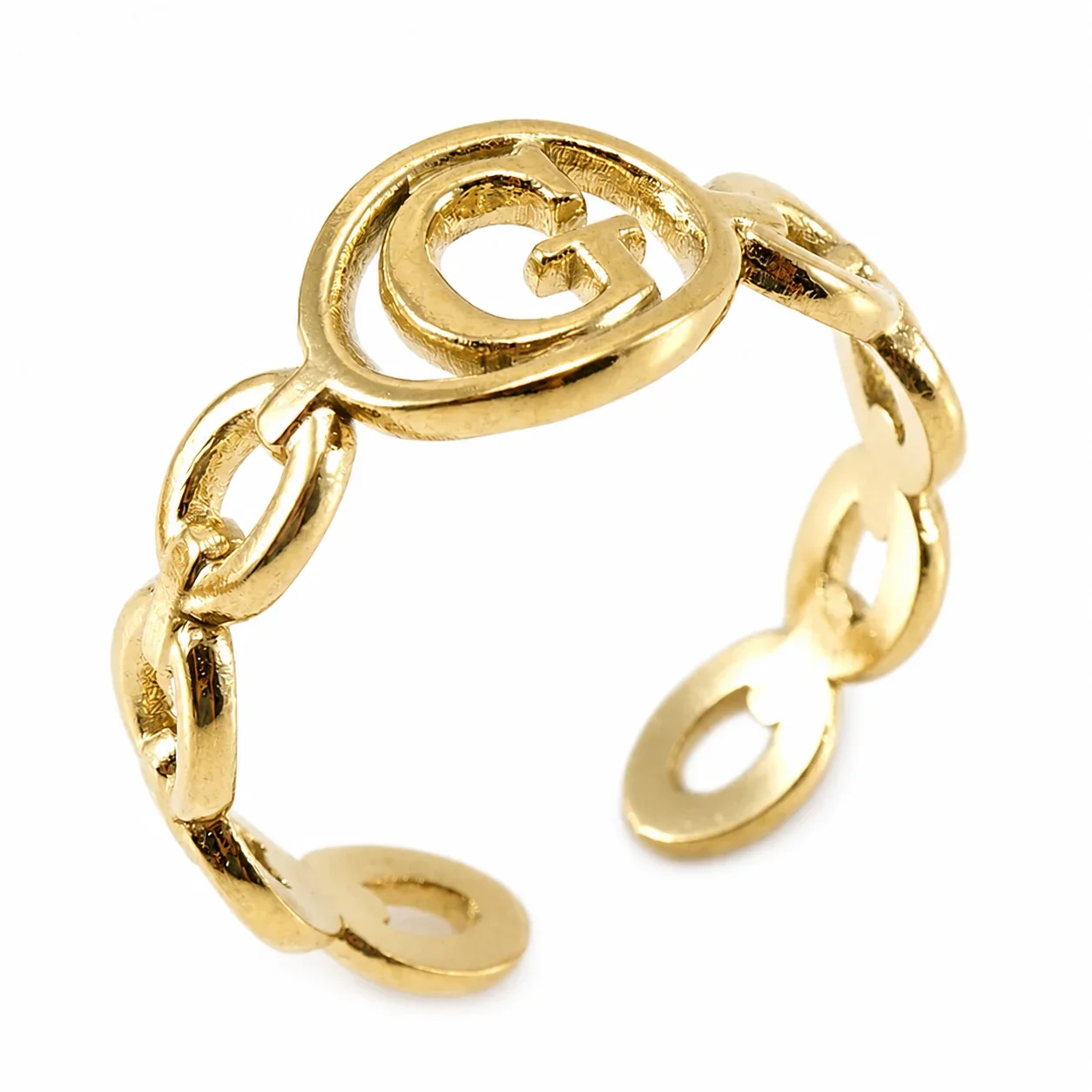 Polished Gold-Plated Oval Initial Link Adjustable Ring - Gold G