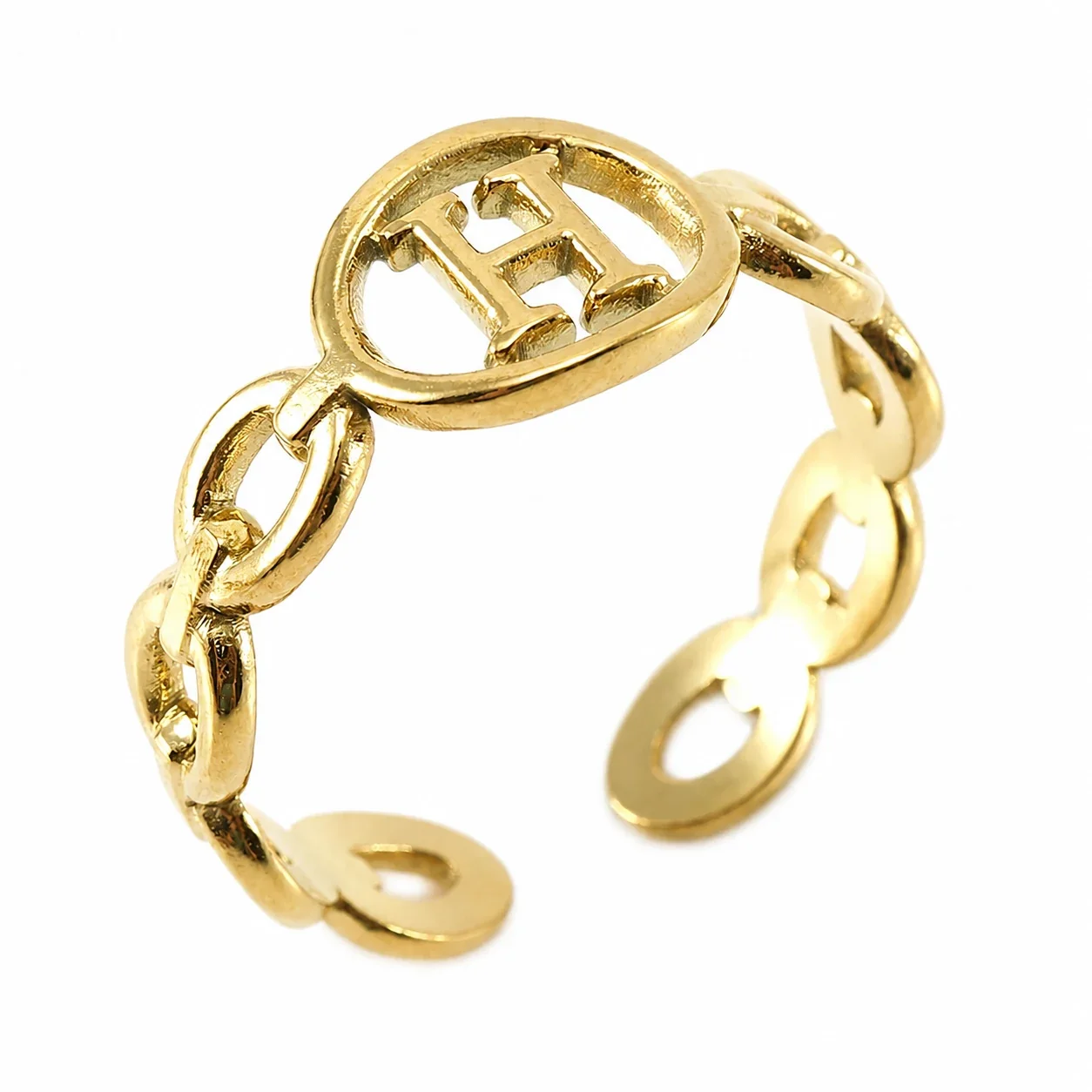 Polished Gold-Plated Oval Initial Link Adjustable Ring - Gold H