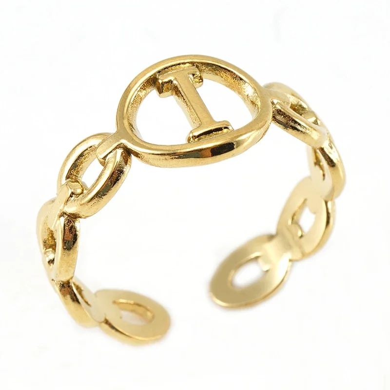 Polished Gold-Plated Oval Initial Link Adjustable Ring - Gold I