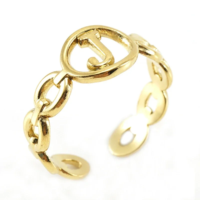 Polished Gold-Plated Oval Initial Link Adjustable Ring - Gold J