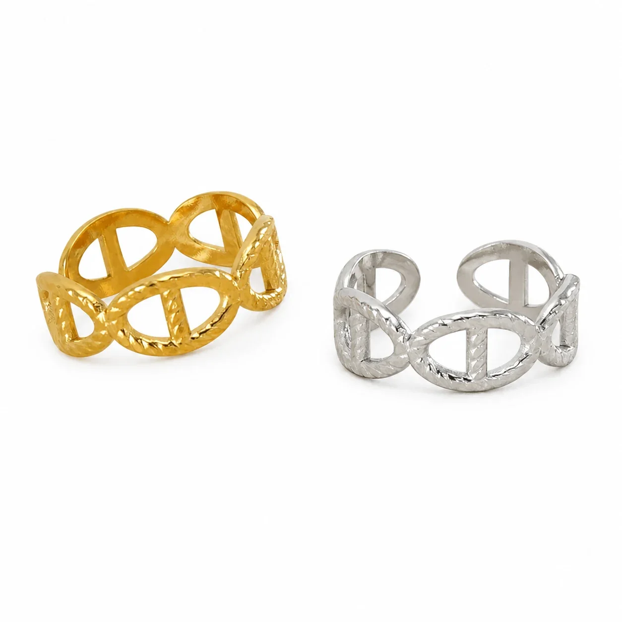 Sculptural 18K Gold-Plated Open Oval Rope-Edge Ring
