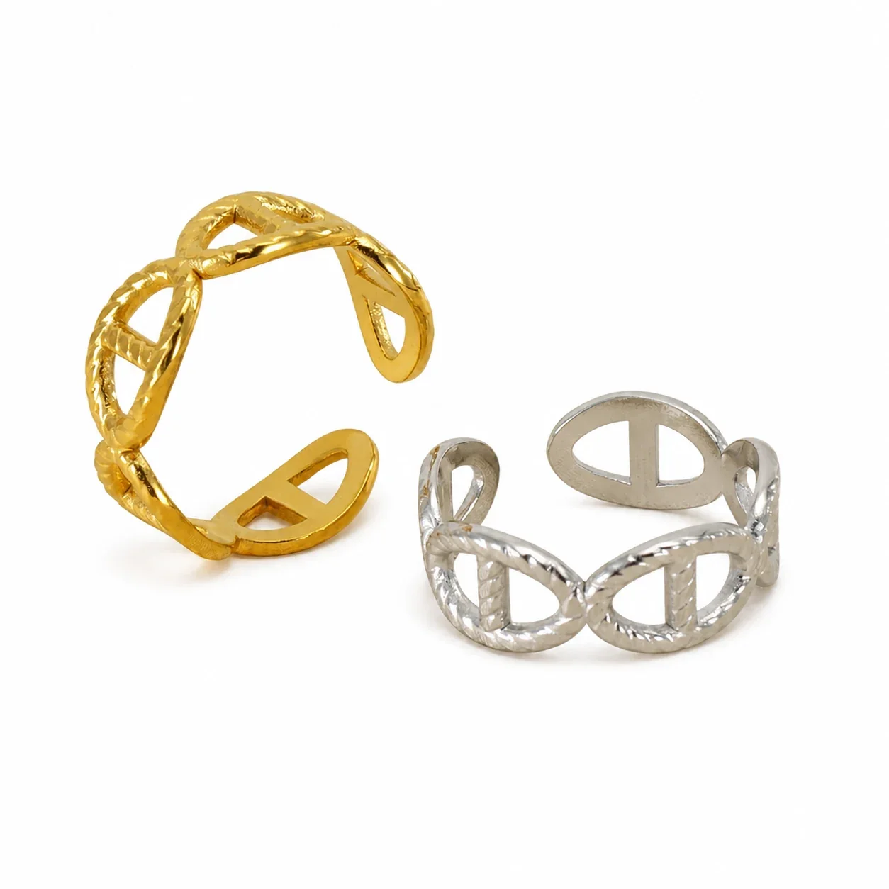 Sculptural 18K Gold-Plated Open Oval Rope-Edge Ring