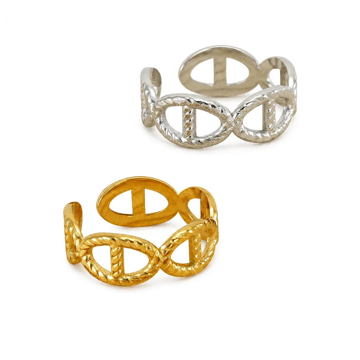 Sculptural 18K Gold-Plated Open Oval Rope-Edge Ring