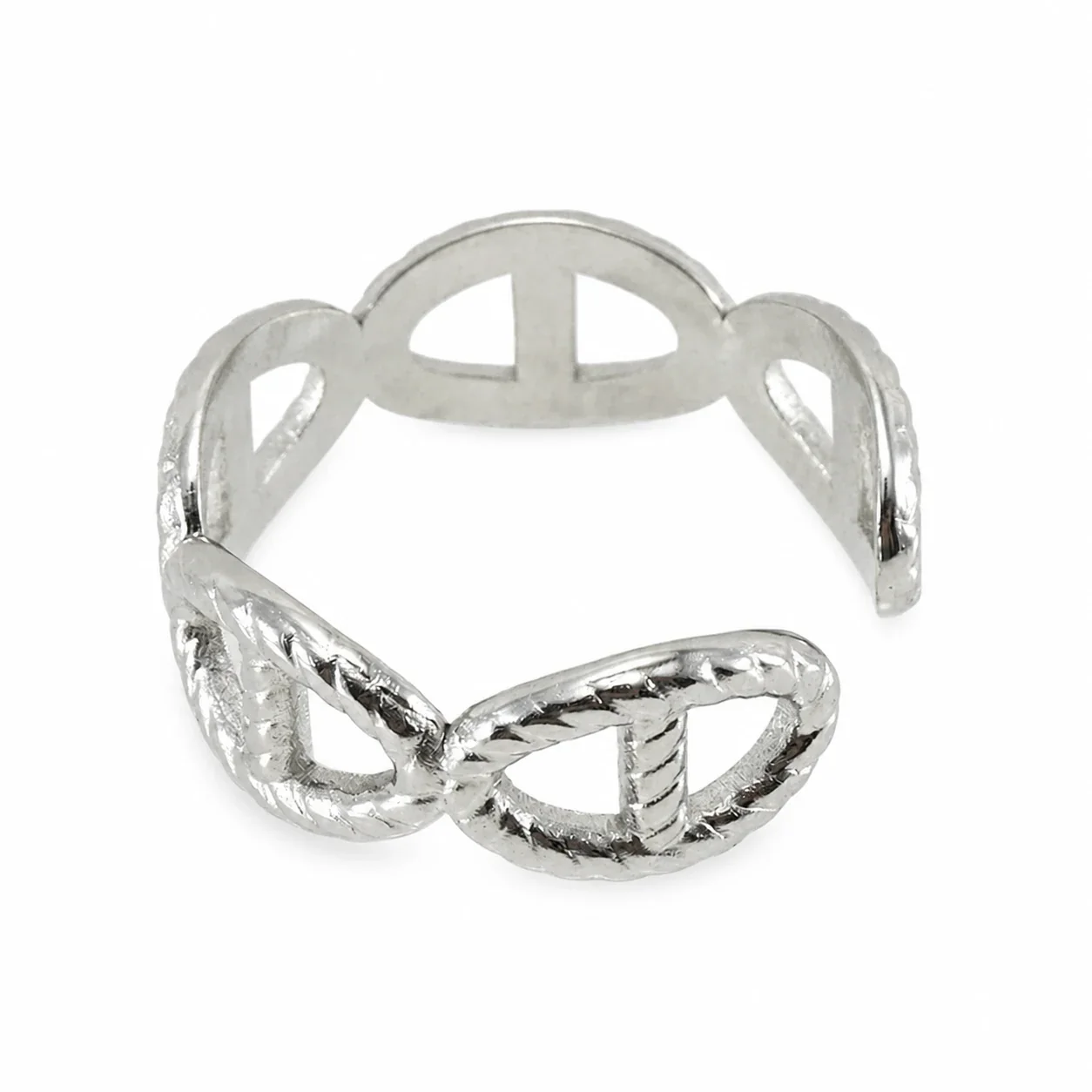 Sculptural 18K Gold-Plated Open Oval Rope-Edge Ring - Silver