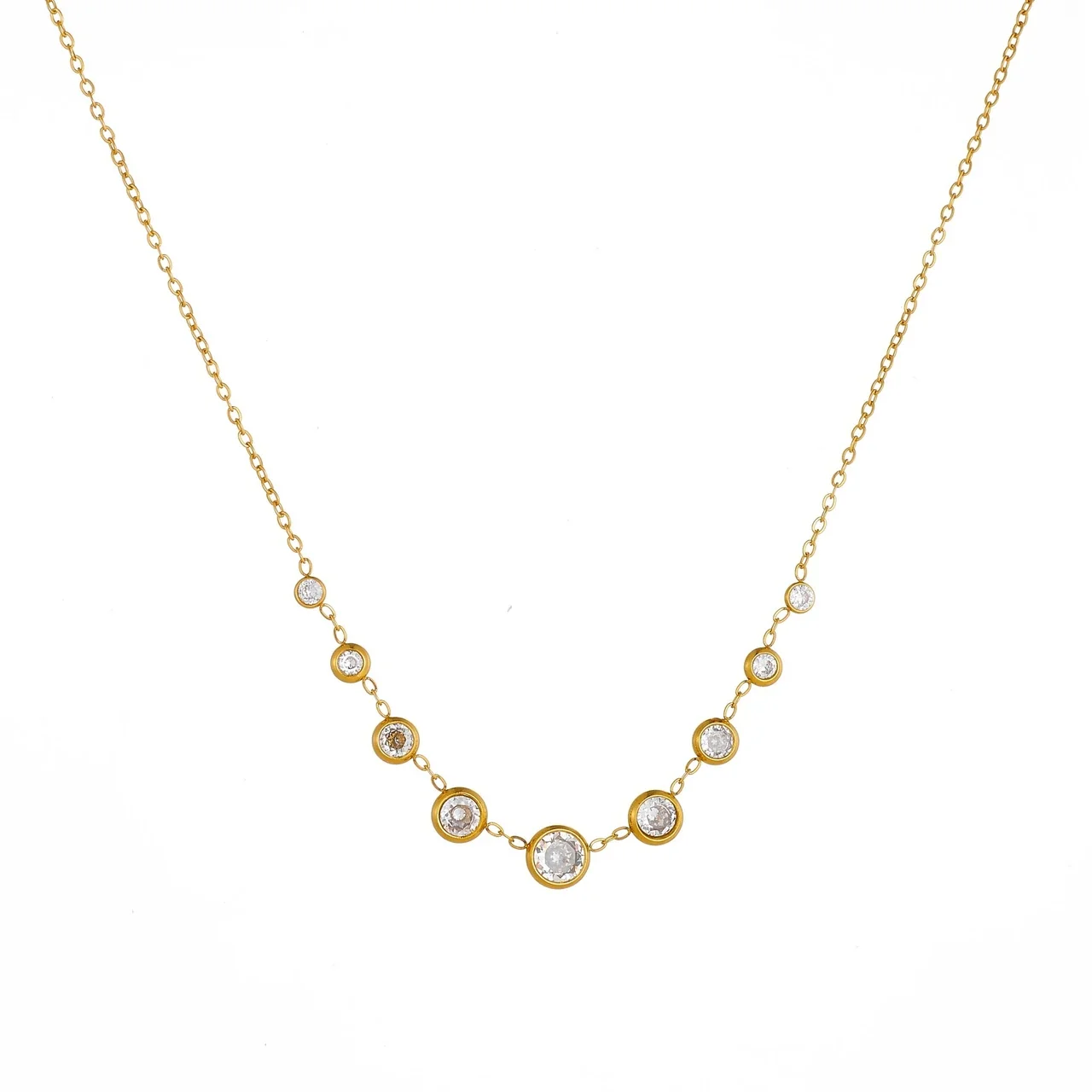 Necklace with Graduated Bezel CZs in Gold-Plated Steel