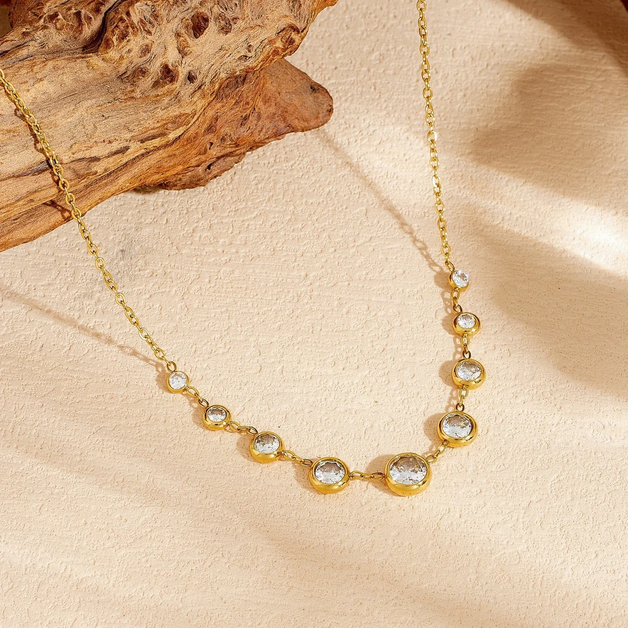 Necklace with Graduated Bezel CZs in Gold-Plated Steel