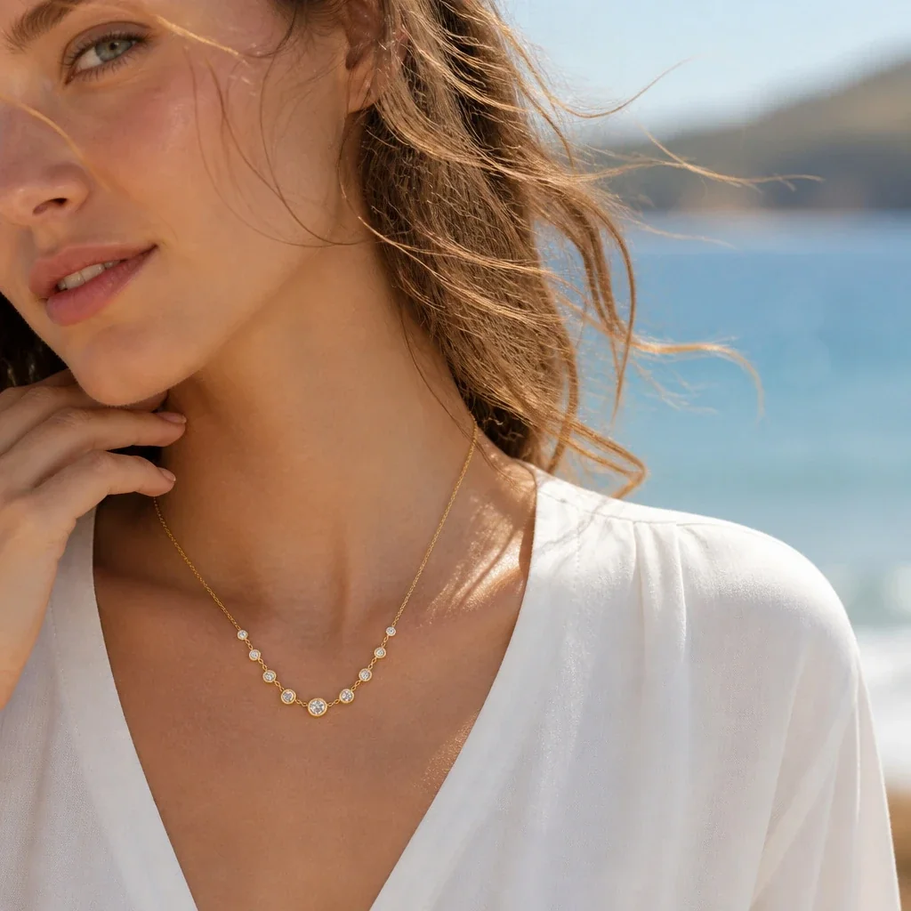 Necklace with Graduated Bezel CZs in Gold-Plated Steel