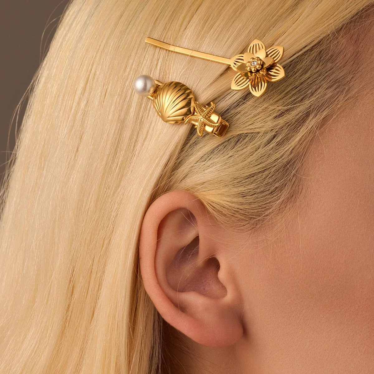 Hair Clips Shell Starfish Pearl & Flower Stainless Steel