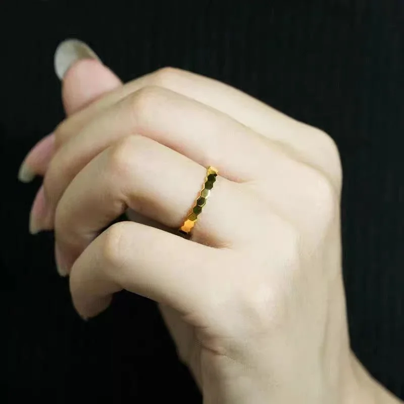 Stacking Ring with Faceted Hexagon Band, 18K Gold-Plated Steel